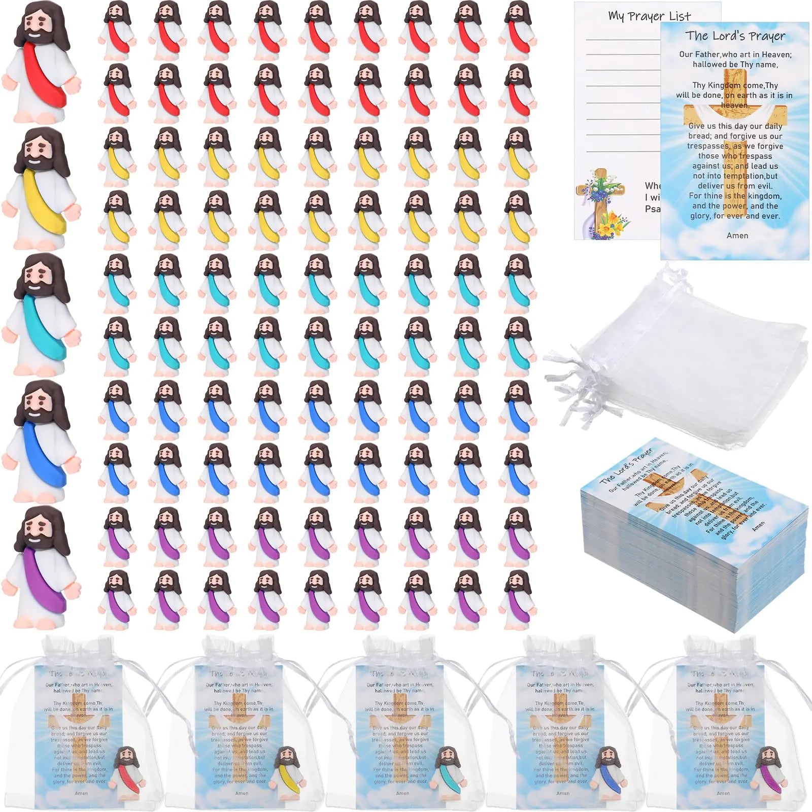 Barydat 75 Sets Easter Tiny Jesus Toys Include 75 Mini Jesus Figurine 75 Prayer Scripture Cards and Organza Bags Little Jesus Religious Gift for Sunday School Christian Church Party Favor(Multicolor)