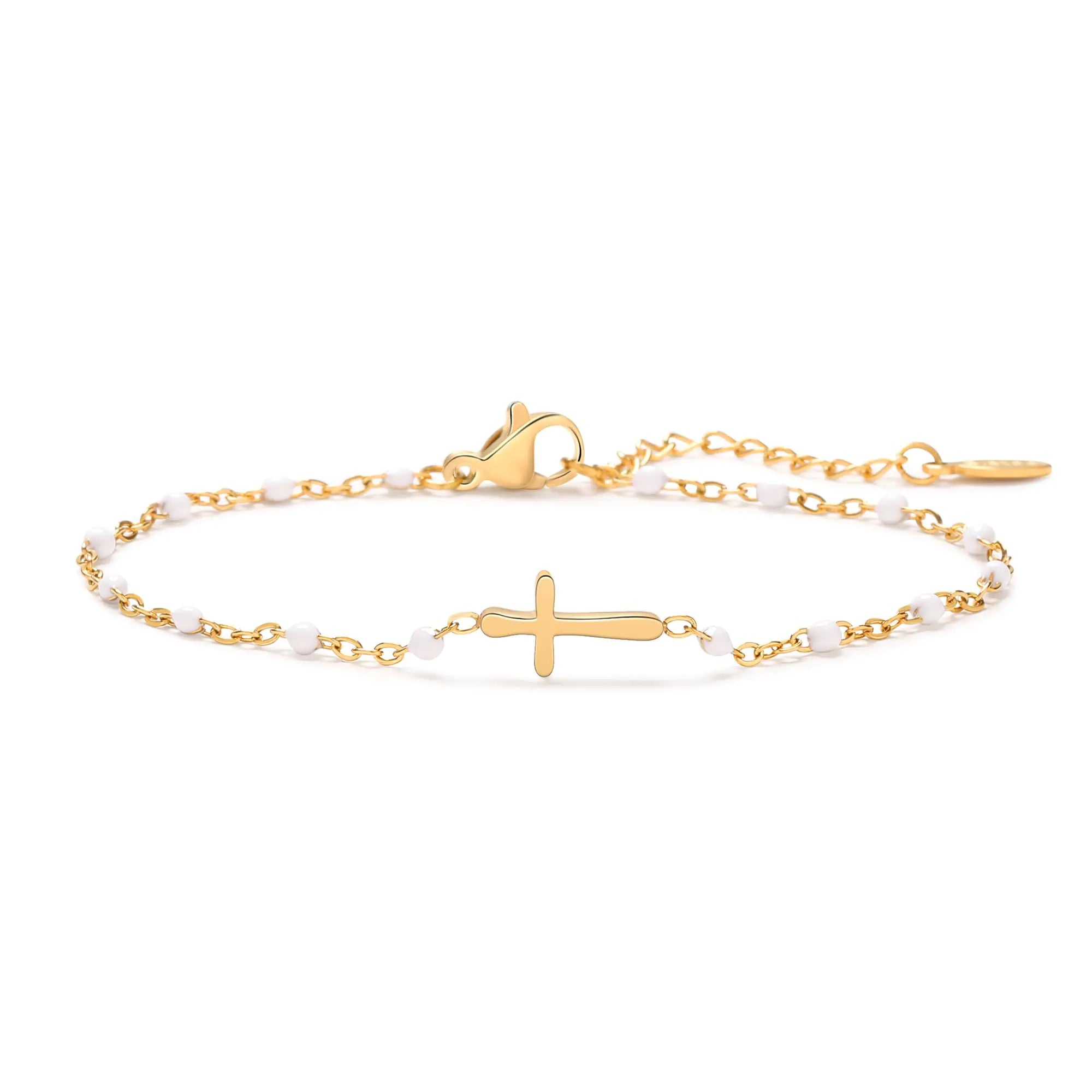 UILZ Dainty White Bead Cross Bracelet – 18K Gold Plated Christian Jewelry